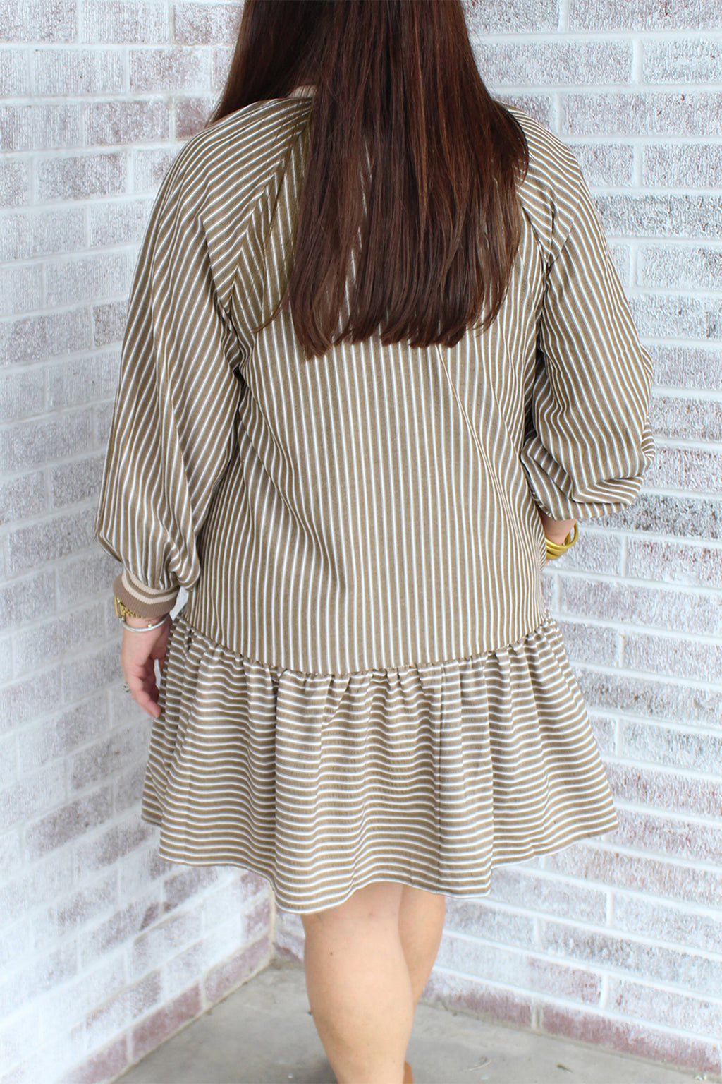 Khaki stripe zip-up collared mini dress with puff sleeves and ruffled details, designed for plus size, by Dear-Lover.