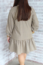 Khaki stripe zip-up collared mini dress with puff sleeves and ruffled details, designed for plus size, by Dear-Lover.