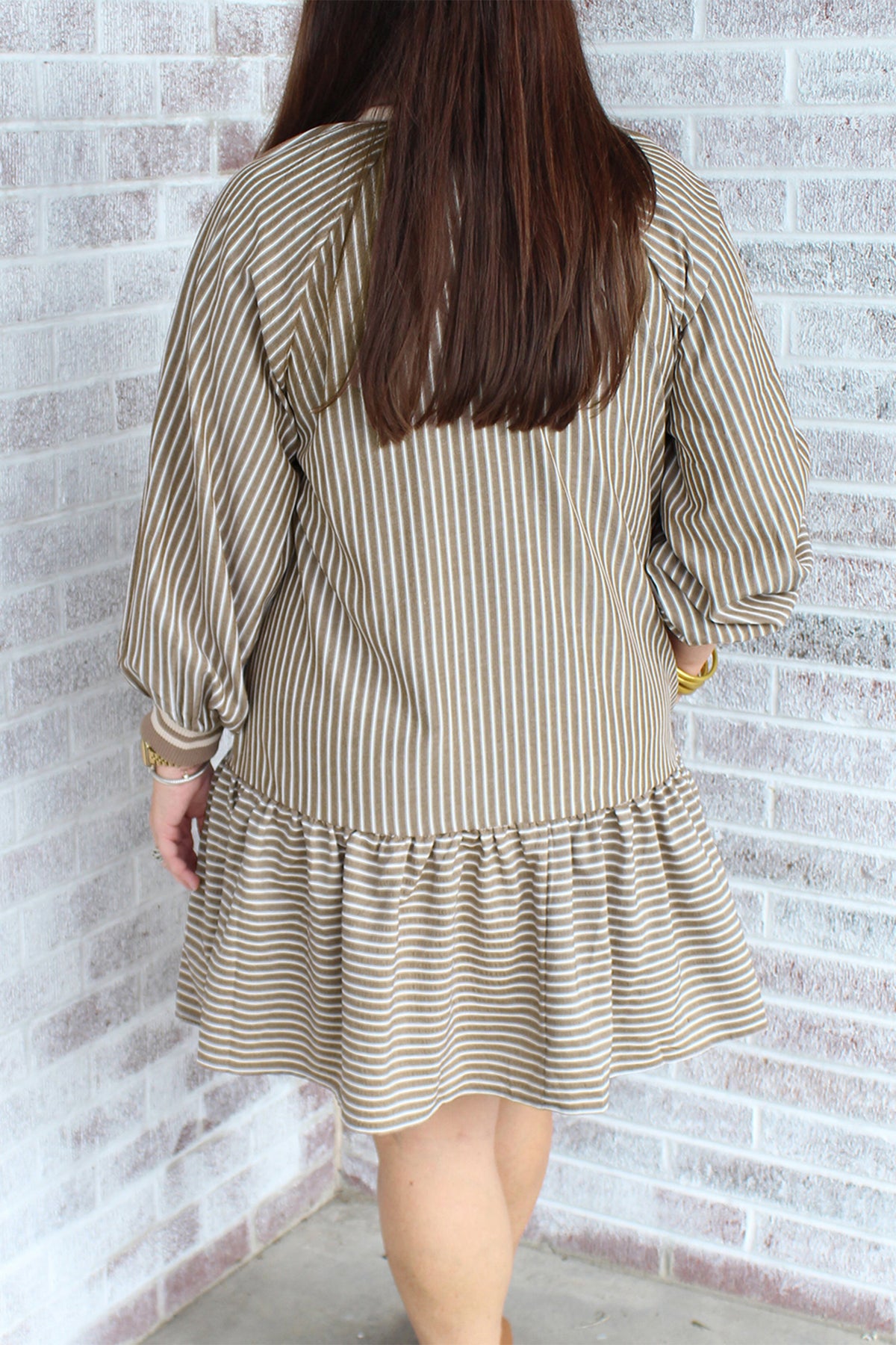 Khaki stripe zip-up collared mini dress with puff sleeves and ruffled details, designed for plus size, by Dear-Lover.