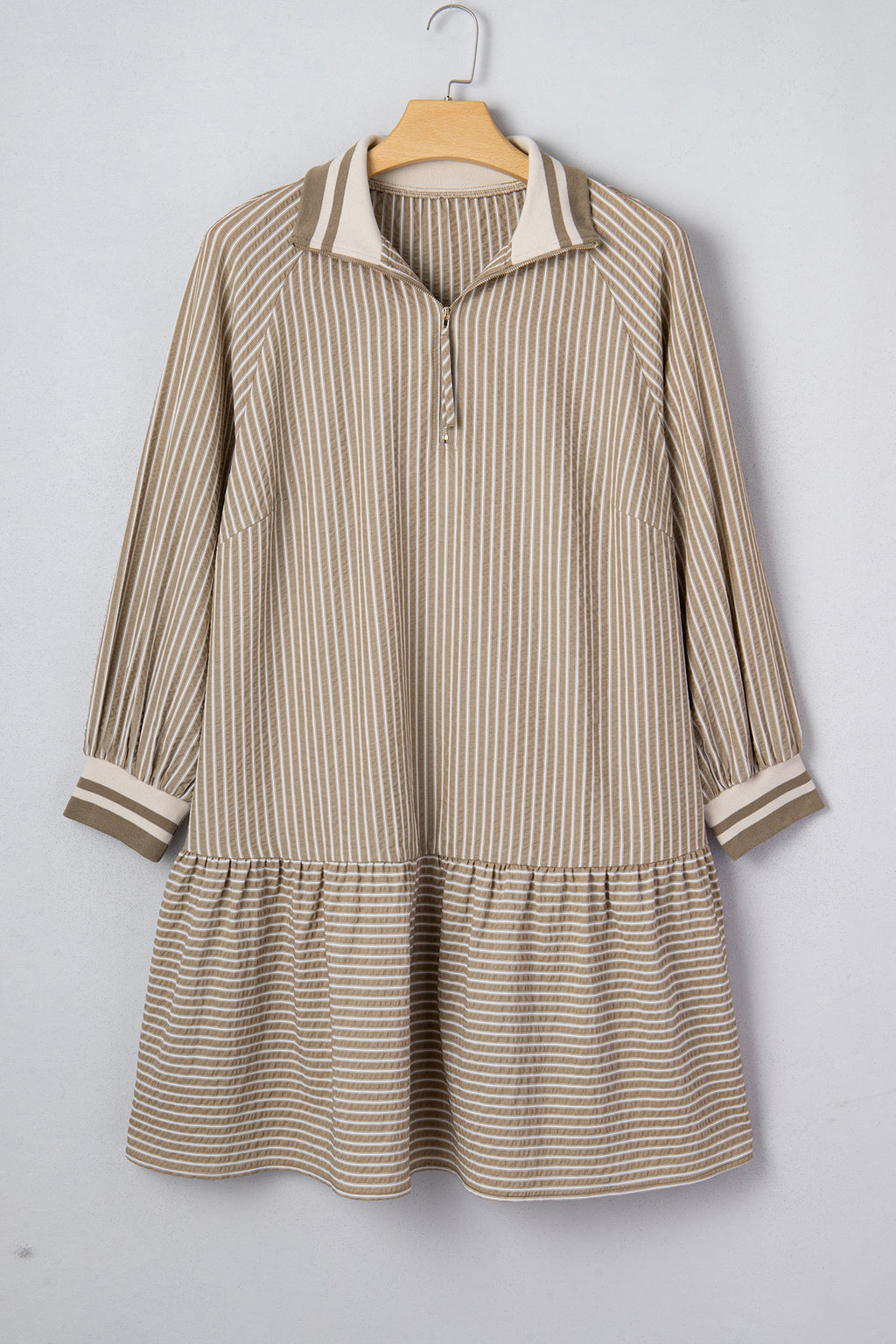 Khaki stripe plus size mini dress with zip-up collar, puff sleeves, and ruffled details, by Dear-Lover Dropshipping.