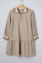 Khaki stripe plus size mini dress with zip-up collar, puff sleeves, and ruffled details, by Dear-Lover Dropshipping.