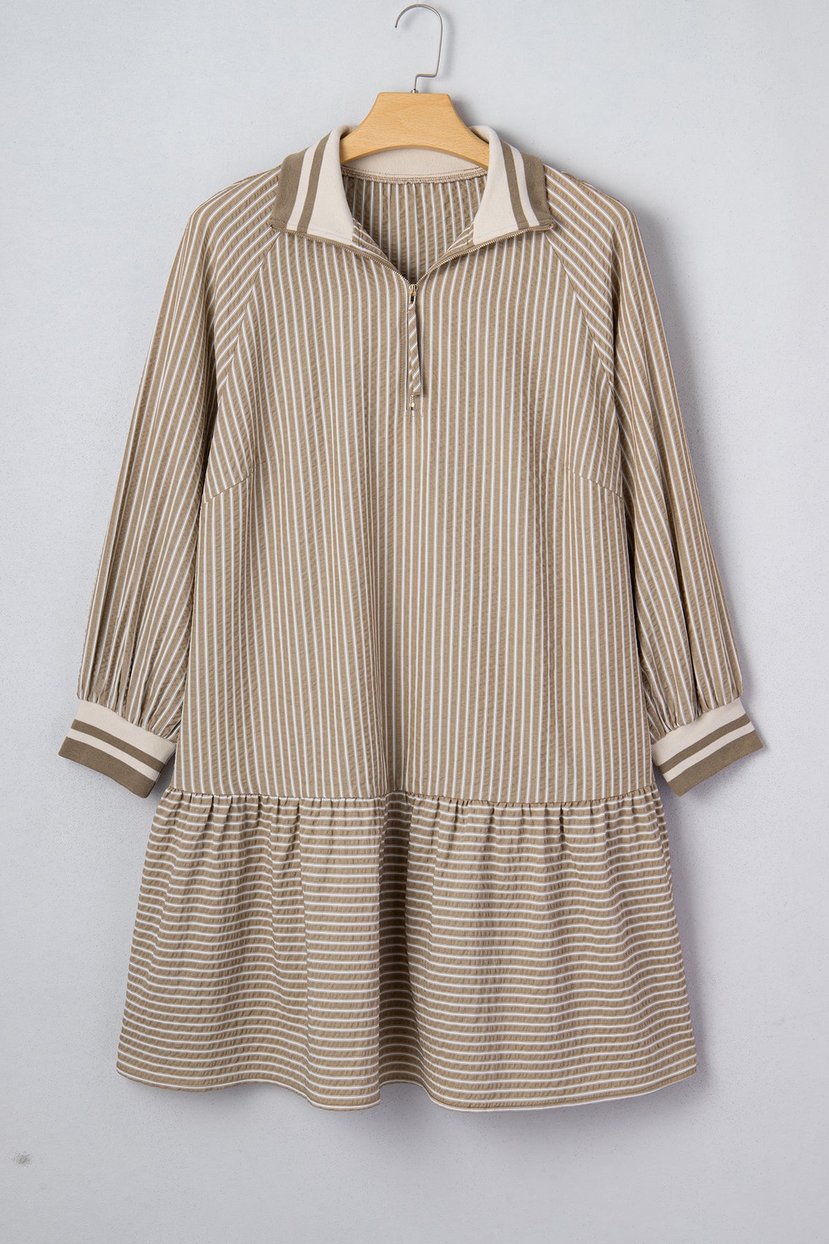 Khaki stripe plus size mini dress with zip-up collar, puff sleeves, and ruffled details, by Dear-Lover Dropshipping.