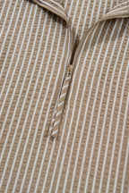Plus size khaki stripe mini dress with zip-up collar, puff sleeves, and ruffled details by Dear-Lover, made of polyester and cotton blend.