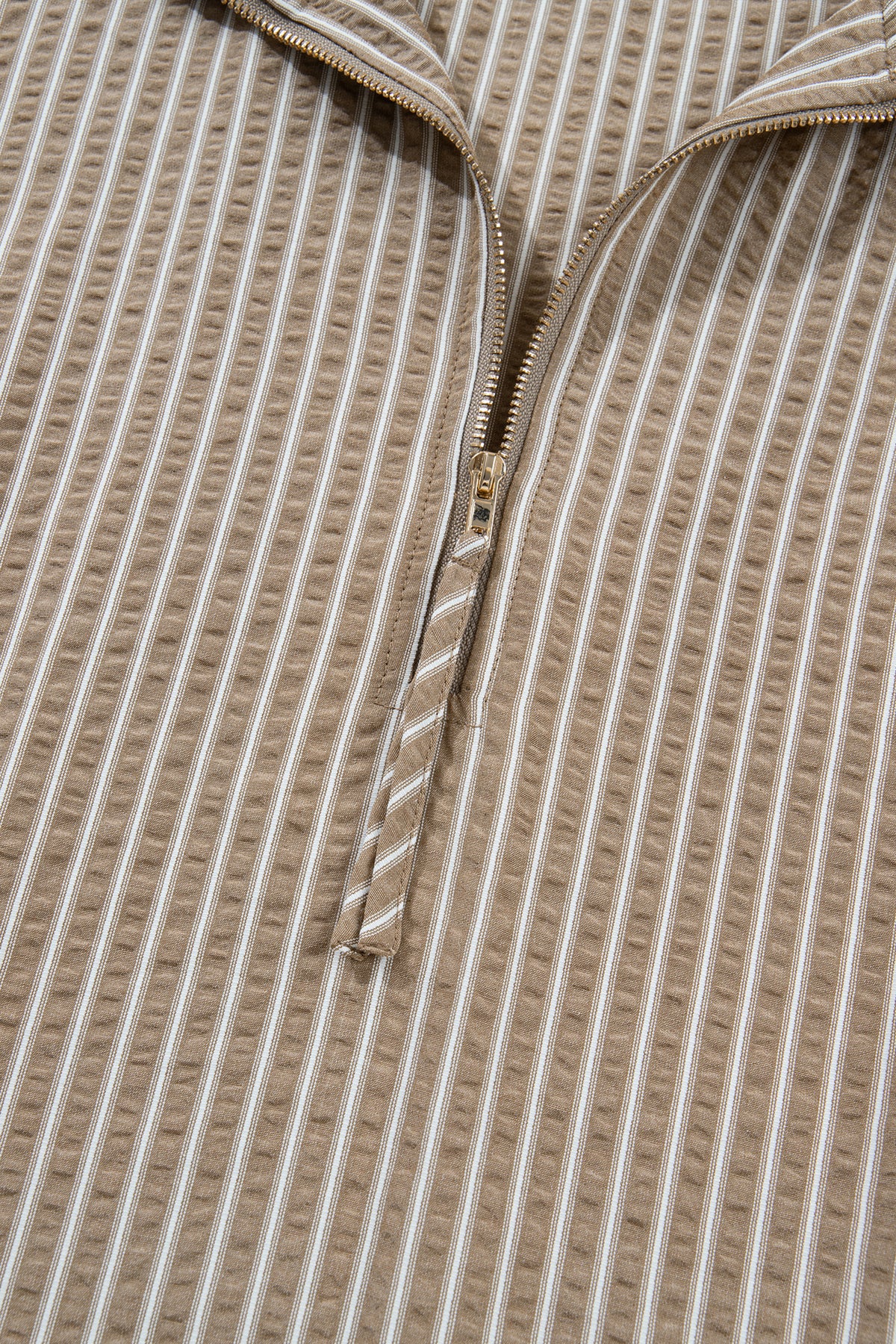 Plus size khaki stripe mini dress with zip-up collar, puff sleeves, and ruffled details by Dear-Lover, made of polyester and cotton blend.