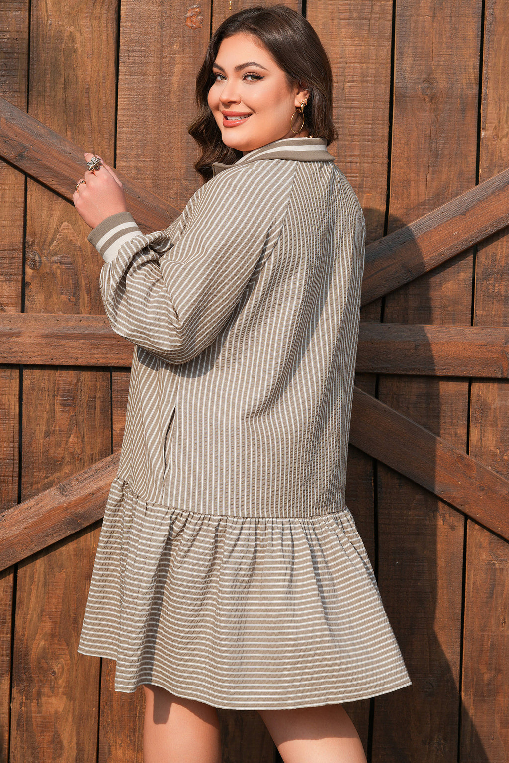 Khaki stripe zip-up collared puff sleeve ruffled plus size mini dress by Dear-Lover showcasing a stylish design with ruffles and puff sleeves.