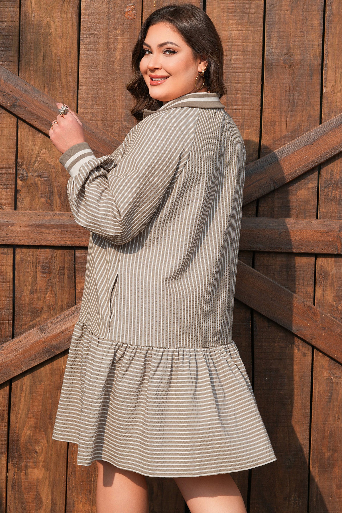 Khaki stripe zip-up collared puff sleeve ruffled plus size mini dress by Dear-Lover showcasing a stylish design with ruffles and puff sleeves.