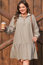 Khaki stripe zip-up collared puff sleeve ruffled plus size mini dress by Dear-Lover, featuring a stylish collar and ruffled details.