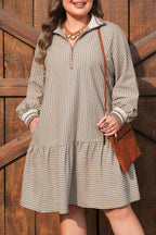 Khaki stripe plus size mini dress with zip-up collar, puff sleeves, and ruffled details, by Dear-Lover Dropshipping.