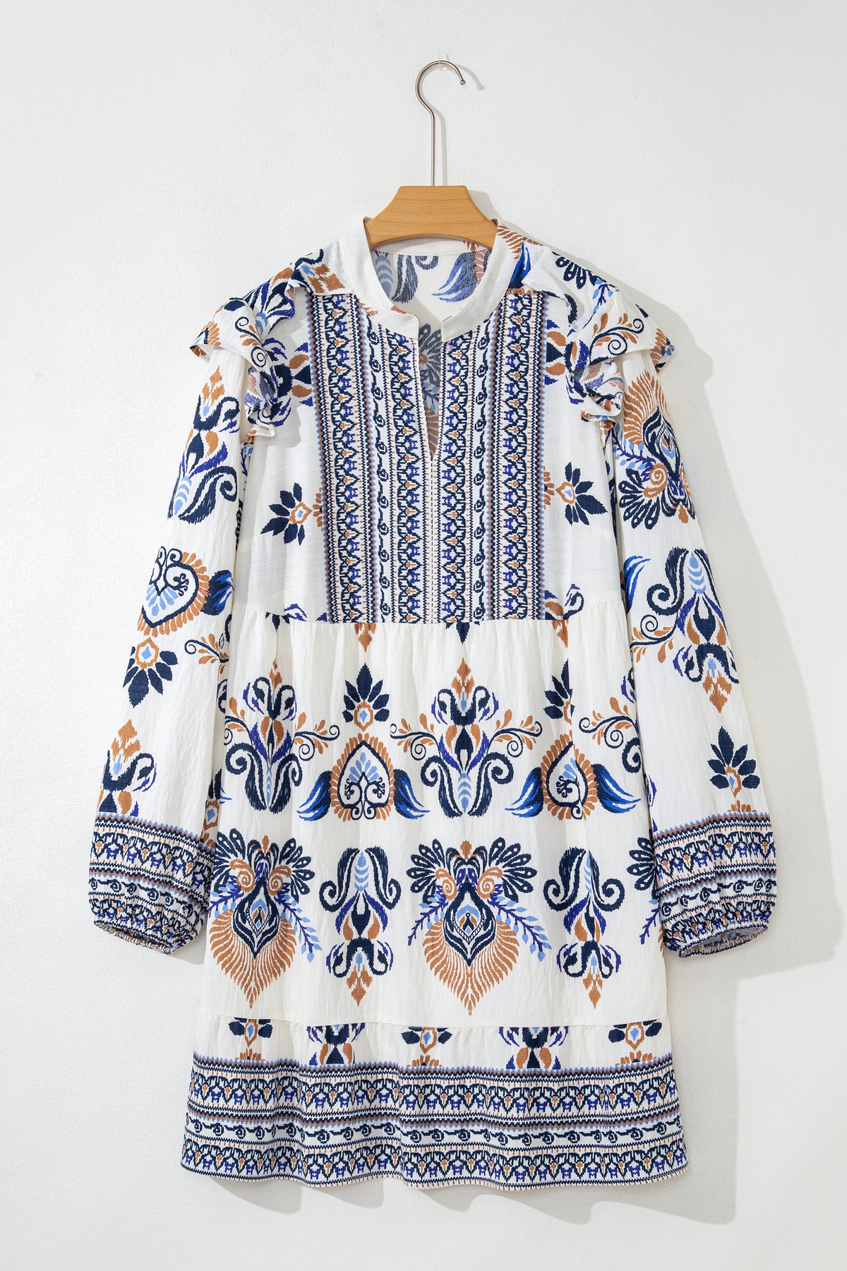 Sky blue plus size boho print mini dress with split neck and long sleeves by Dear-Lover, made from viscose and polyamide fabric.