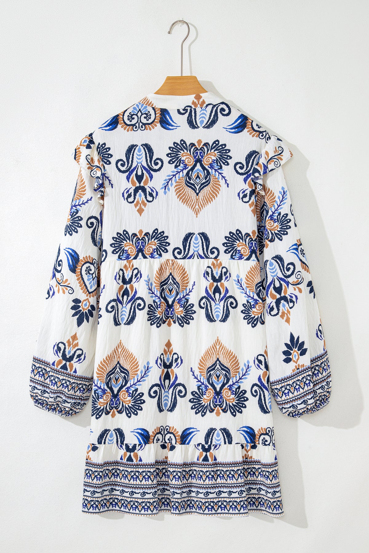 Sky blue plus size boho print mini dress with split neck, long sleeves, made of viscose and polyamide by Dear-Lover.