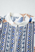 Sky blue plus size boho print mini dress with split neck and long sleeves, made of viscose and polyamide, by Dear-Lover.