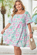 White floral print plus size mini dress with ric-rac trim and square neckline, by Dear-Lover, featuring a comfortable polyester fabric.