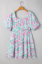 White floral print plus size mini dress with ric-rac trim and square neckline by Dear-Lover, made of lightweight polyester fabric.