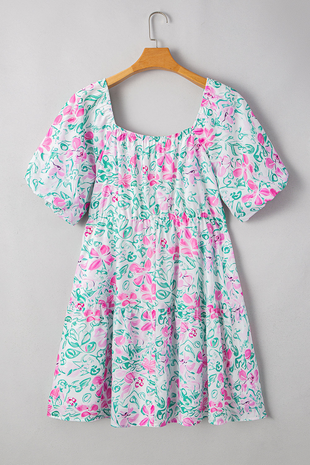 White floral print plus size mini dress with ric-rac trim and square neckline by Dear-Lover, made of lightweight polyester fabric.