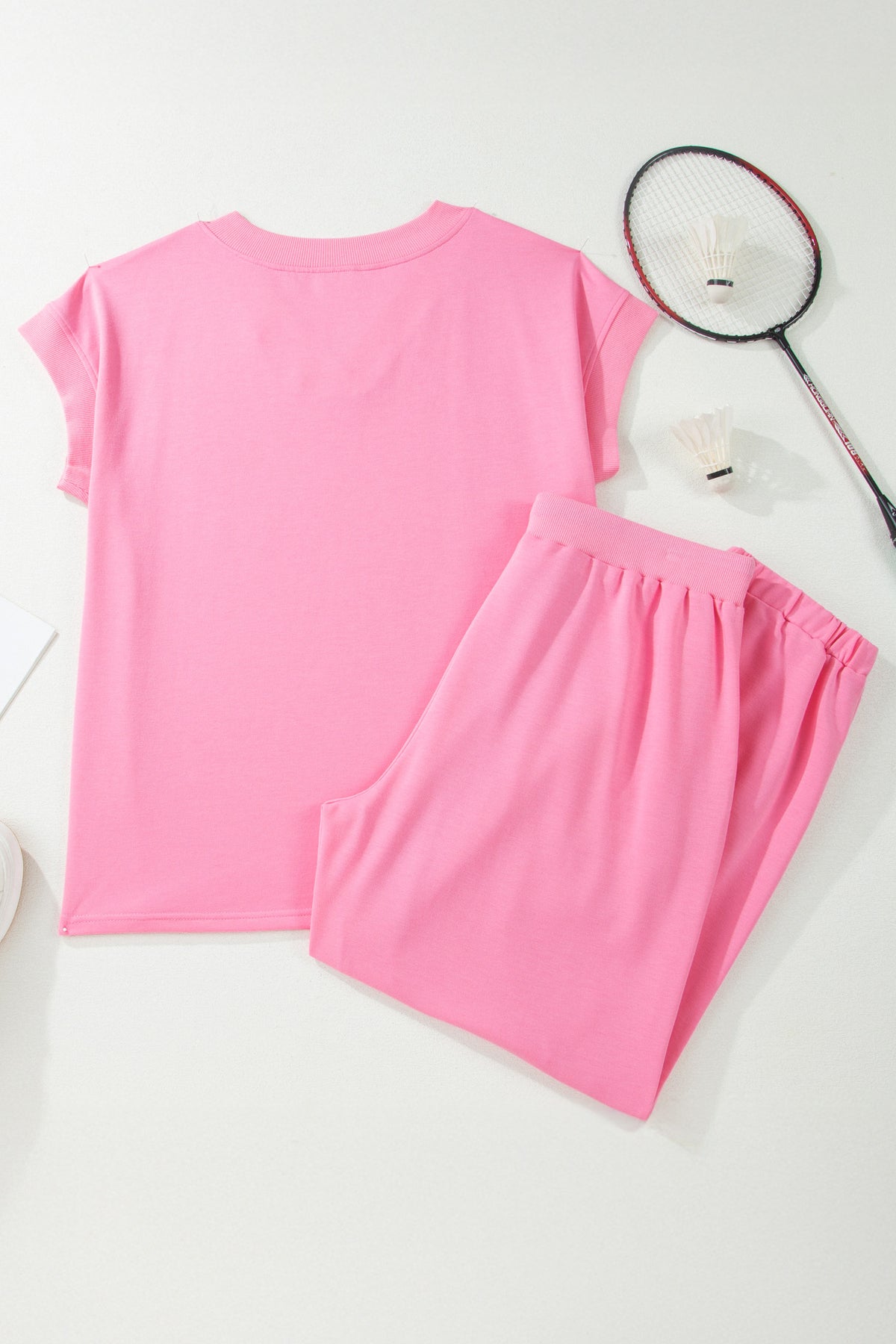 Plus size loungewear set with solid V-neck tee and drawstring pants from Dear-Lover, made of polyester, cotton, and elastane.