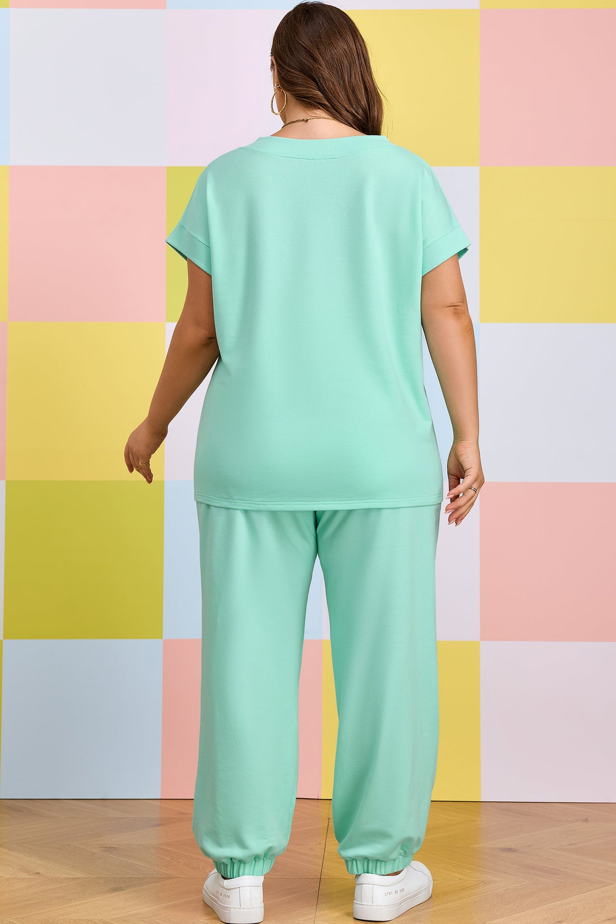 Plus size loungewear set with a solid V-neck tee and drawstring pants from Dear-Lover, made of polyester, cotton, and elastane.