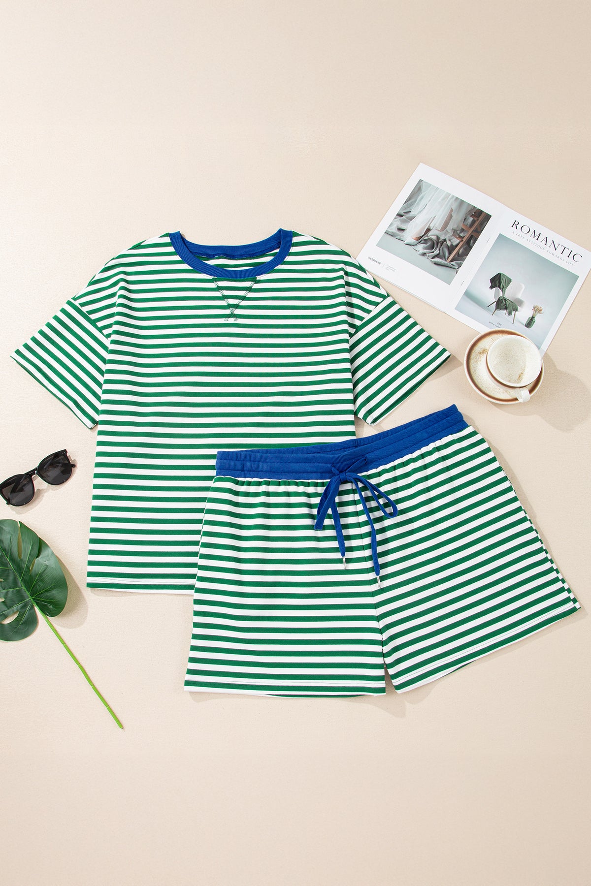 Plus size green stripe boxy tee and matching elastic waist shorts from Dear-Lover loungewear set, made of cotton and elastane.
