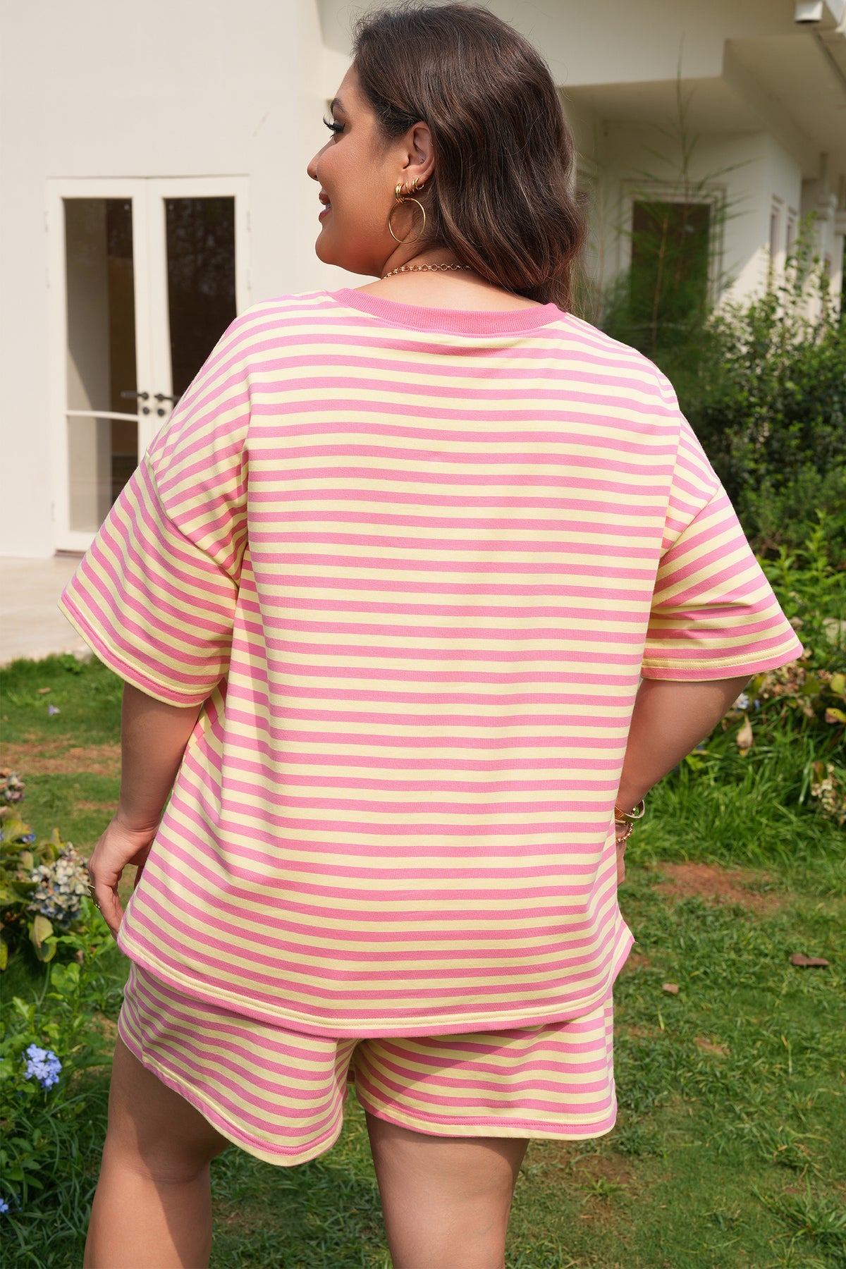 Plus size green stripe boxy tee and elastic waist shorts set from Dear-Lover, comfortable loungewear for casual wear.