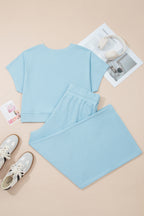 Plus size Mist Blue loungewear set with ribbed short sleeve top and drawstring loose pants by Dear-Lover.