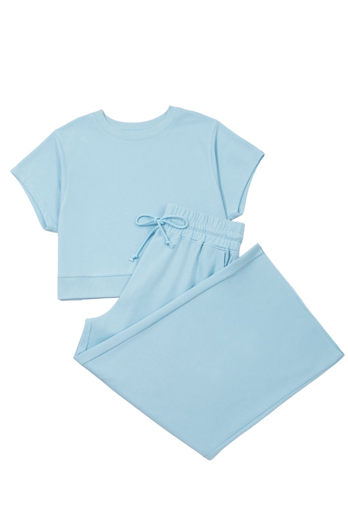 Plus size Mist Blue loungewear set featuring a ribbed short sleeve top and drawstring loose pants from Dear-Lover.