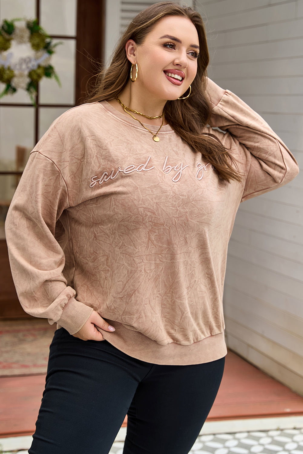 Plus size DUNE Saved by Grace embroidered mineral wash sweatshirt by Dear-Lover, featuring a comfortable cotton-polyester blend.