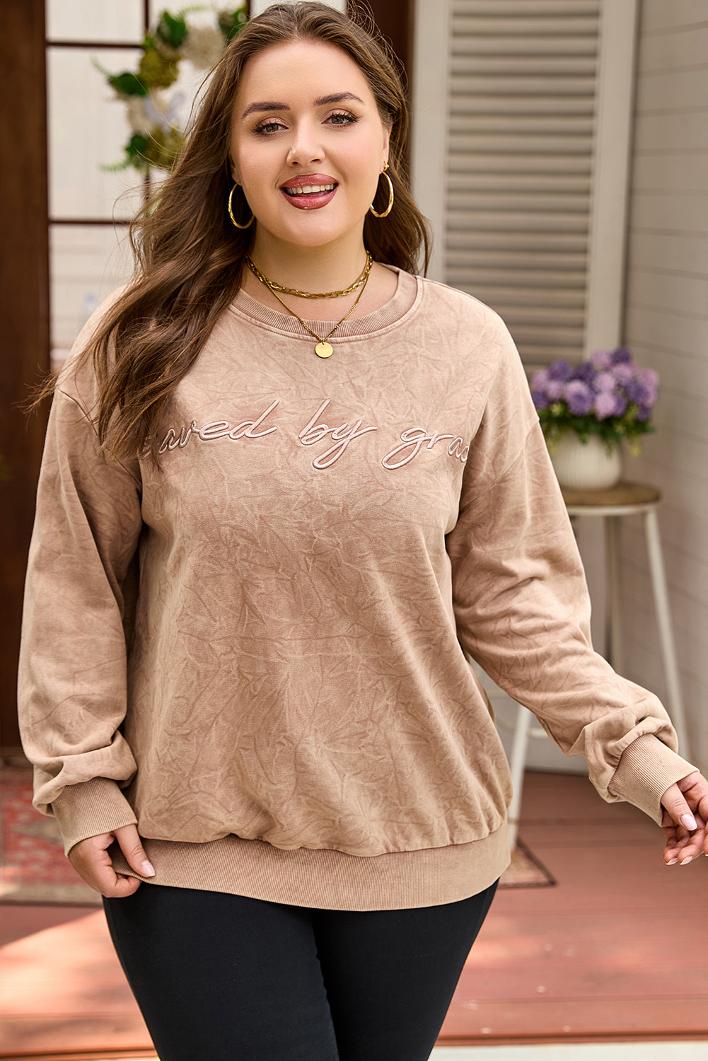 Plus size DUNE Saved by Grace embroidered mineral wash sweatshirt by Dear-Lover, featuring a cozy cotton-polyester blend and casual style.
