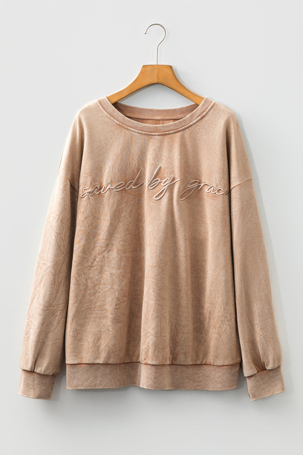Plus size DUNE Saved by Grace embroidered mineral wash sweatshirt from Dear-Lover Dropshipping, with cotton-polyester blend fabric.