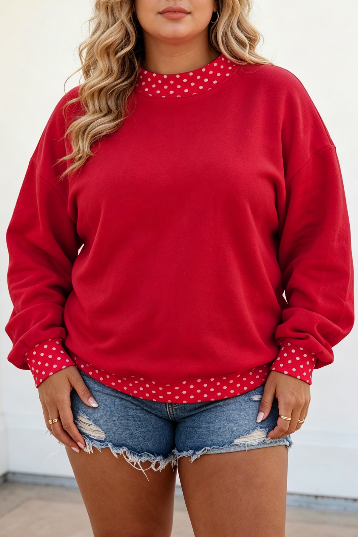 Red polka dot patchwork plus size sweatshirt with round neckline and comfortable fit, made by Dear-Lover Dropshipping.