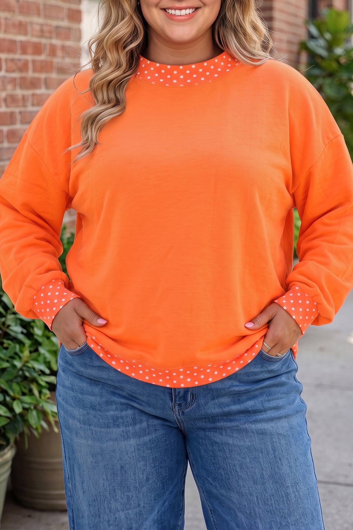 Red plus size sweatshirt with polka dot patchwork design and round neck, featuring a comfortable fit from Dear-Lover Dropshipping.