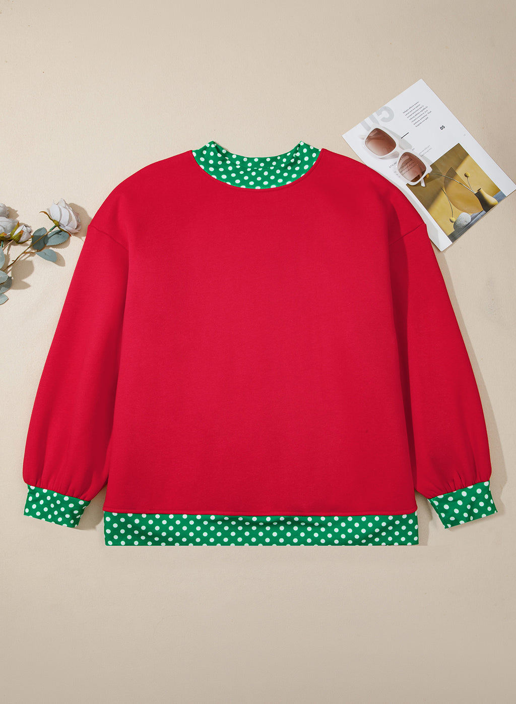 Red plus size sweatshirt with polka dot patchwork design and round neck from Dear-Lover, casual and comfortable for everyday wear.