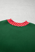 Red plus size sweatshirt with polka dot patchwork design and round neckline, featuring a cozy fit and casual style.