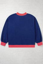 Red plus size sweatshirt with polka dot patchwork design and round neckline, featuring a comfortable fit and casual style.