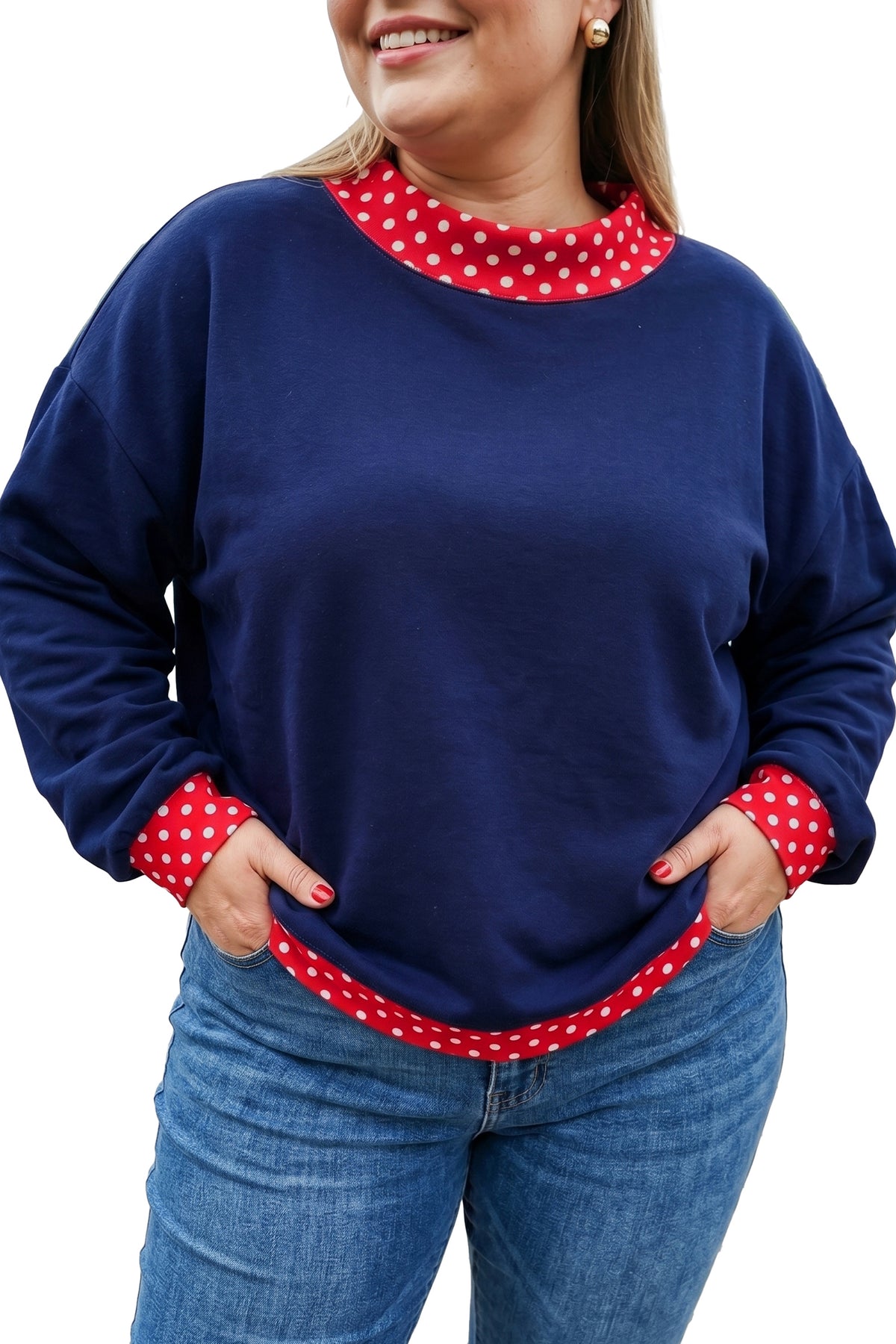 Red polka dot patchwork plus size sweatshirt with round neckline from Dear-Lover, featuring a cozy, stylish design.