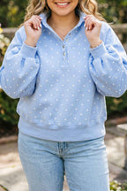 Sky blue plus size sweatshirt with polka dots, V-neck, metal buttons, long sleeves, and shift fit from Dear-Lover.