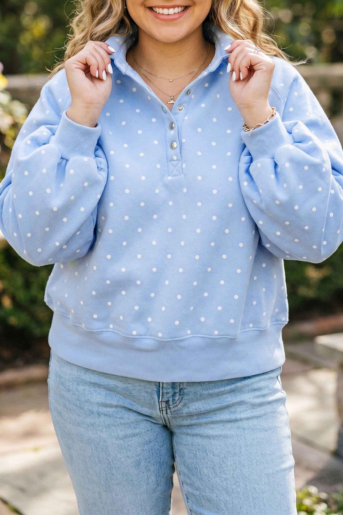 Sky blue plus size sweatshirt with polka dots, V-neck, metal buttons, long sleeves, and shift fit from Dear-Lover.