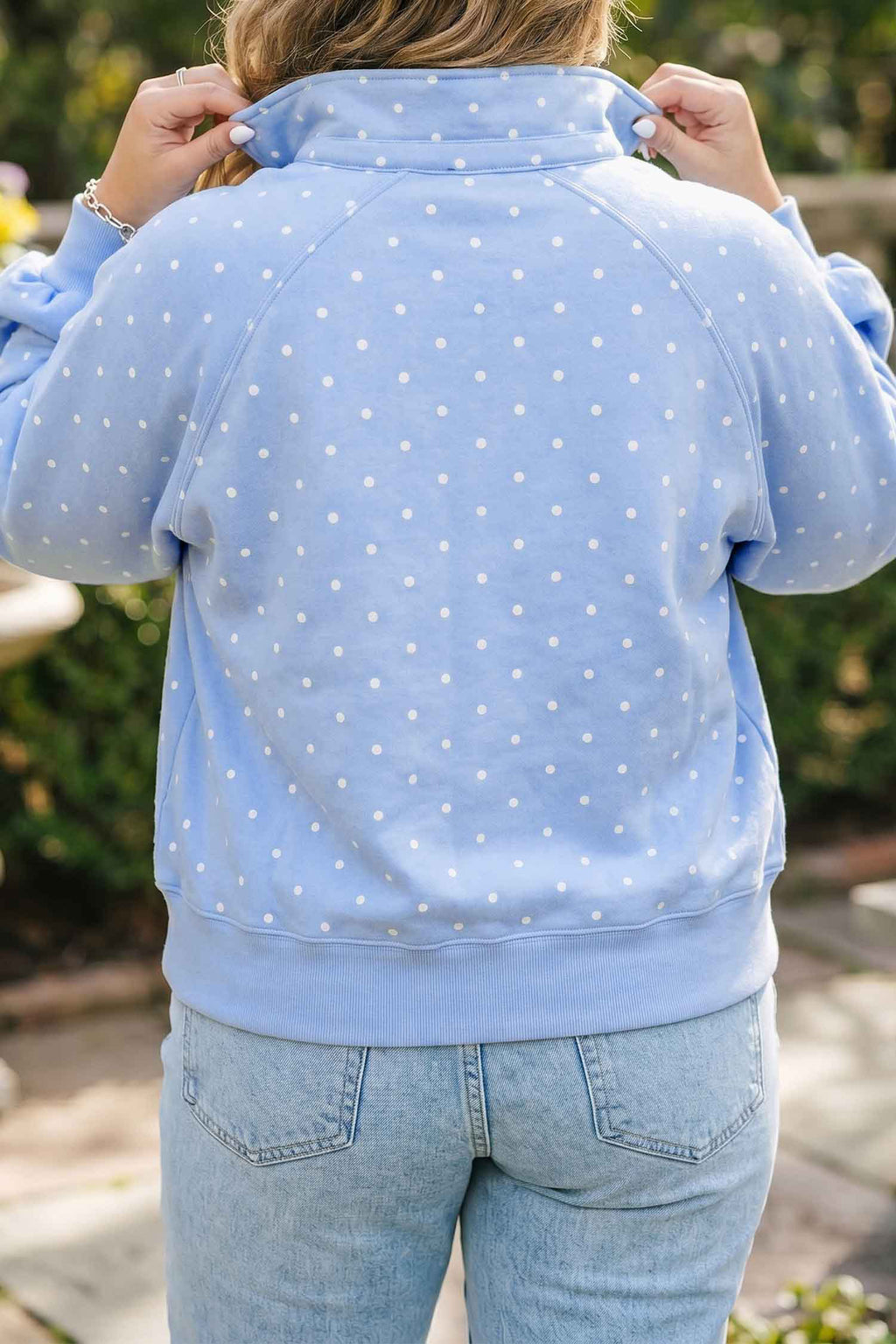 Sky blue plus size polka dot V-neck sweatshirt with metal buttons, long sleeves, and shift style from Dear-Lover.