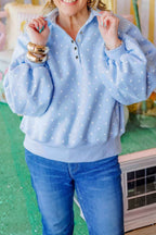 Sky blue polka dot plus size sweatshirt with V-neck, metal buttons, long sleeves, and shift style by Dear-Lover.