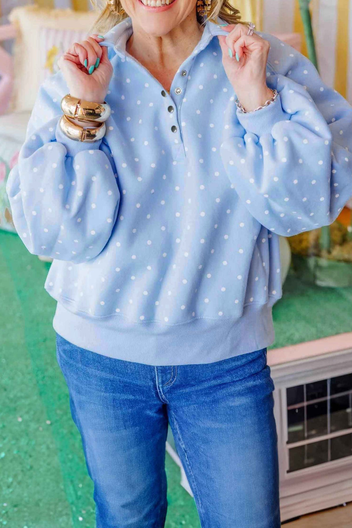 Sky blue polka dot plus size sweatshirt with V-neck, metal buttons, long sleeves, and shift style by Dear-Lover.