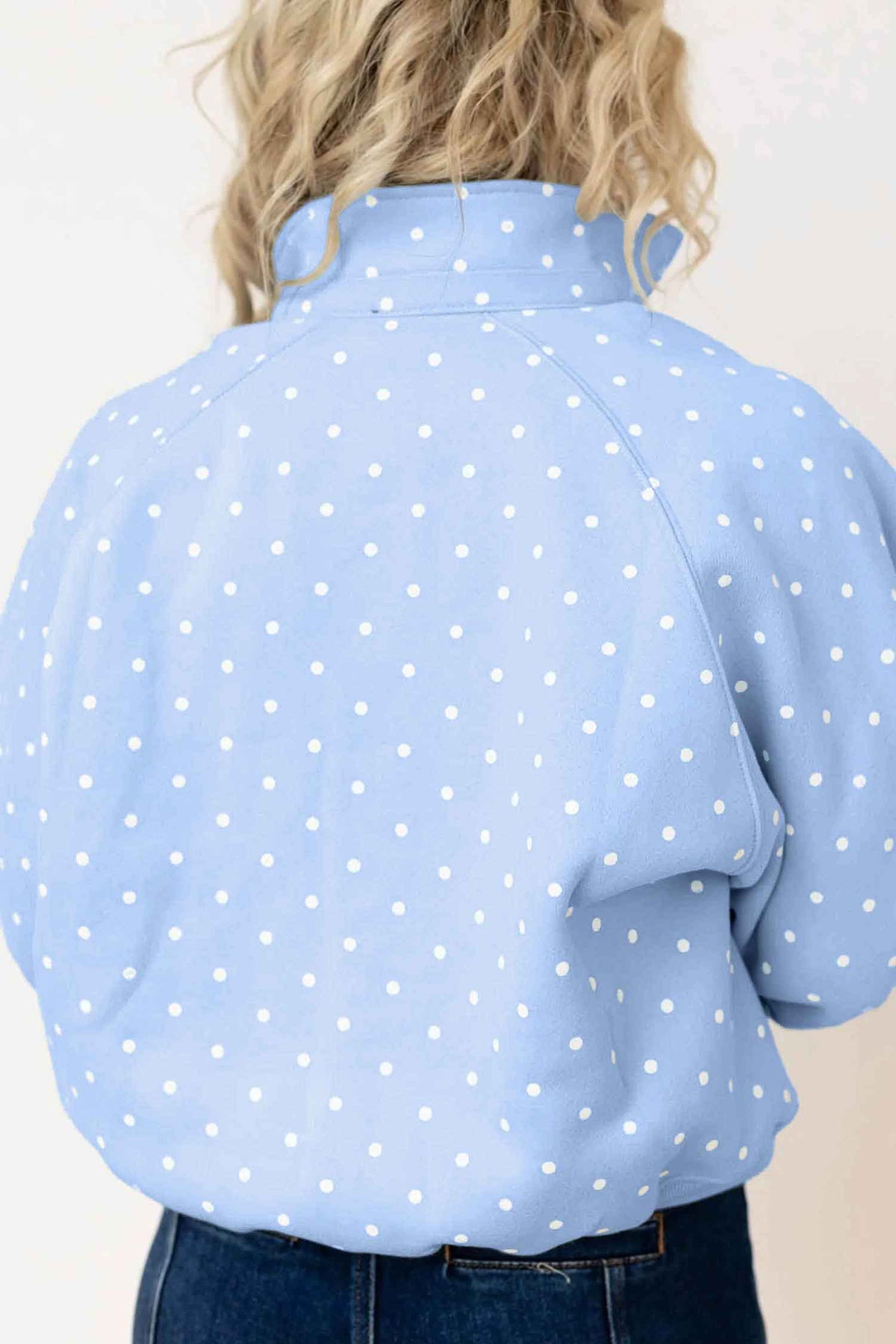 Sky blue polka dot plus size sweatshirt with V-neck, metal buttons, long sleeves, and shift style by Dear-Lover.