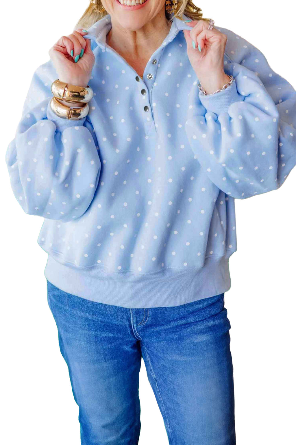 Sky blue polka dot plus size sweatshirt with V-neck, metal buttons, long sleeves, and shift fit from Dear-Lover.