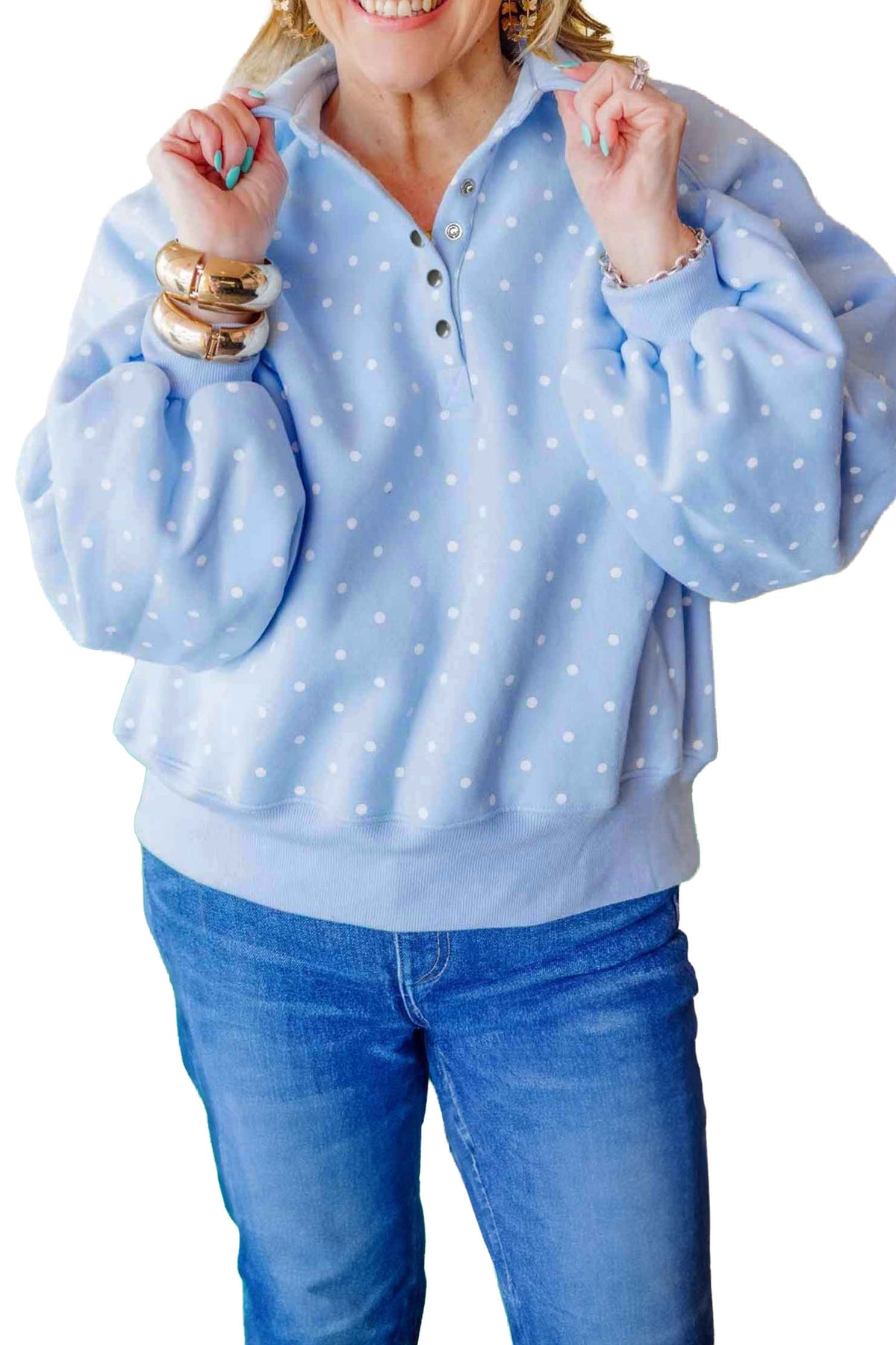 Sky blue polka dot plus size sweatshirt with V-neck, metal buttons, long sleeves, and shift fit from Dear-Lover.