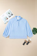 Sky blue plus size sweatshirt with polka dots, V-neck, metal buttons, long sleeves, from Dear-Lover, casual and comfortable.