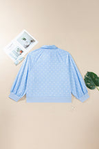 Sky blue polka dot plus size sweatshirt with V-neck, metal buttons, long sleeves, and shift fit from Dear-Lover.