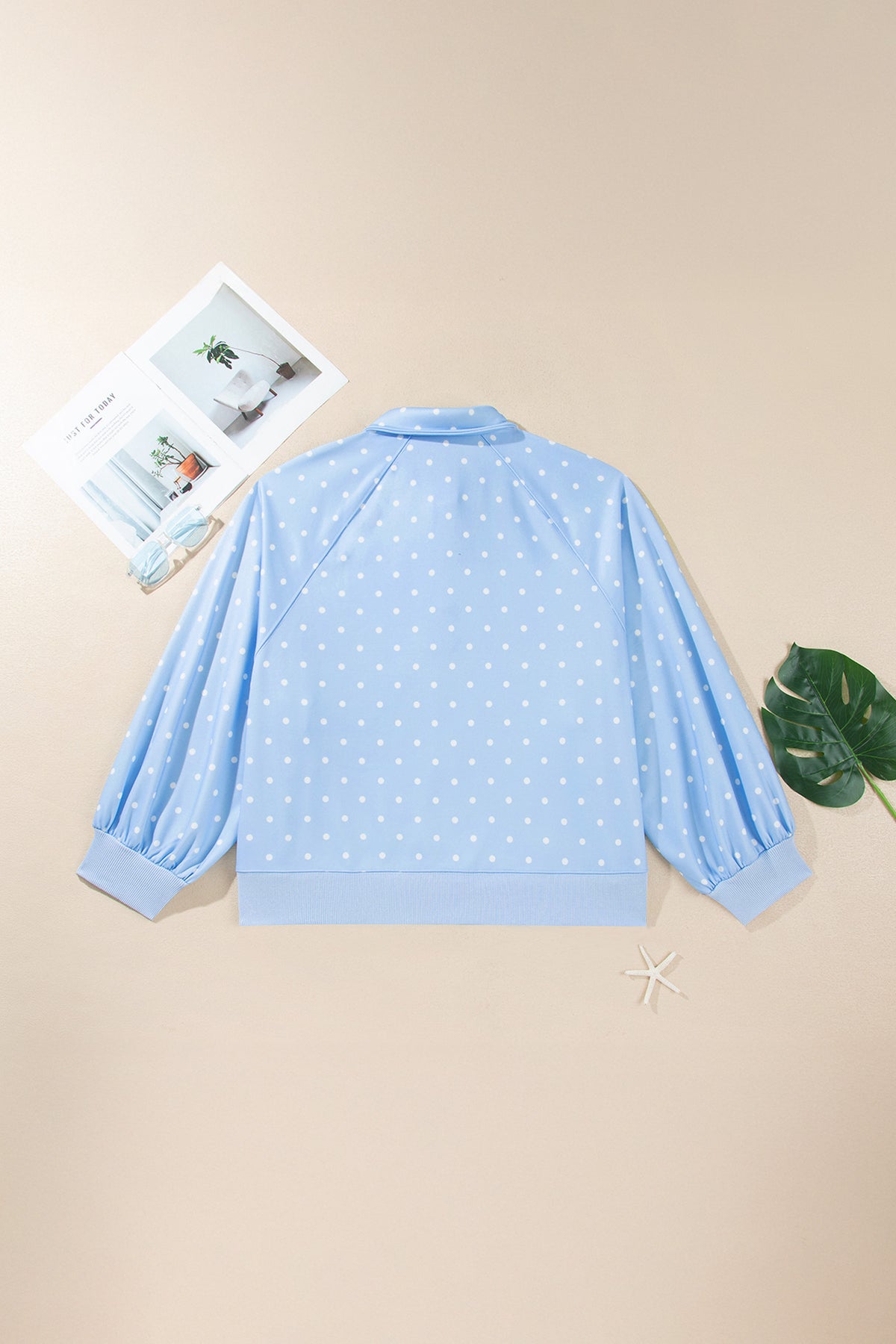 Sky blue polka dot plus size sweatshirt with V-neck, metal buttons, long sleeves, and shift fit from Dear-Lover.