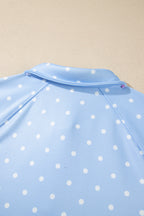 Sky blue polka dot V-neck plus size sweatshirt with metal buttons and long sleeves, casual shift style from Dear-Lover.