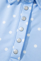 Sky blue polka dot plus size sweatshirt with V-neck, metal buttons, long sleeves, and shift design by Dear-Lover.
