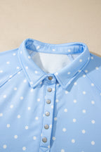 Sky blue plus size sweatshirt with polka dots, V-neck, metal buttons, long sleeves, and shift fit from Dear-Lover.