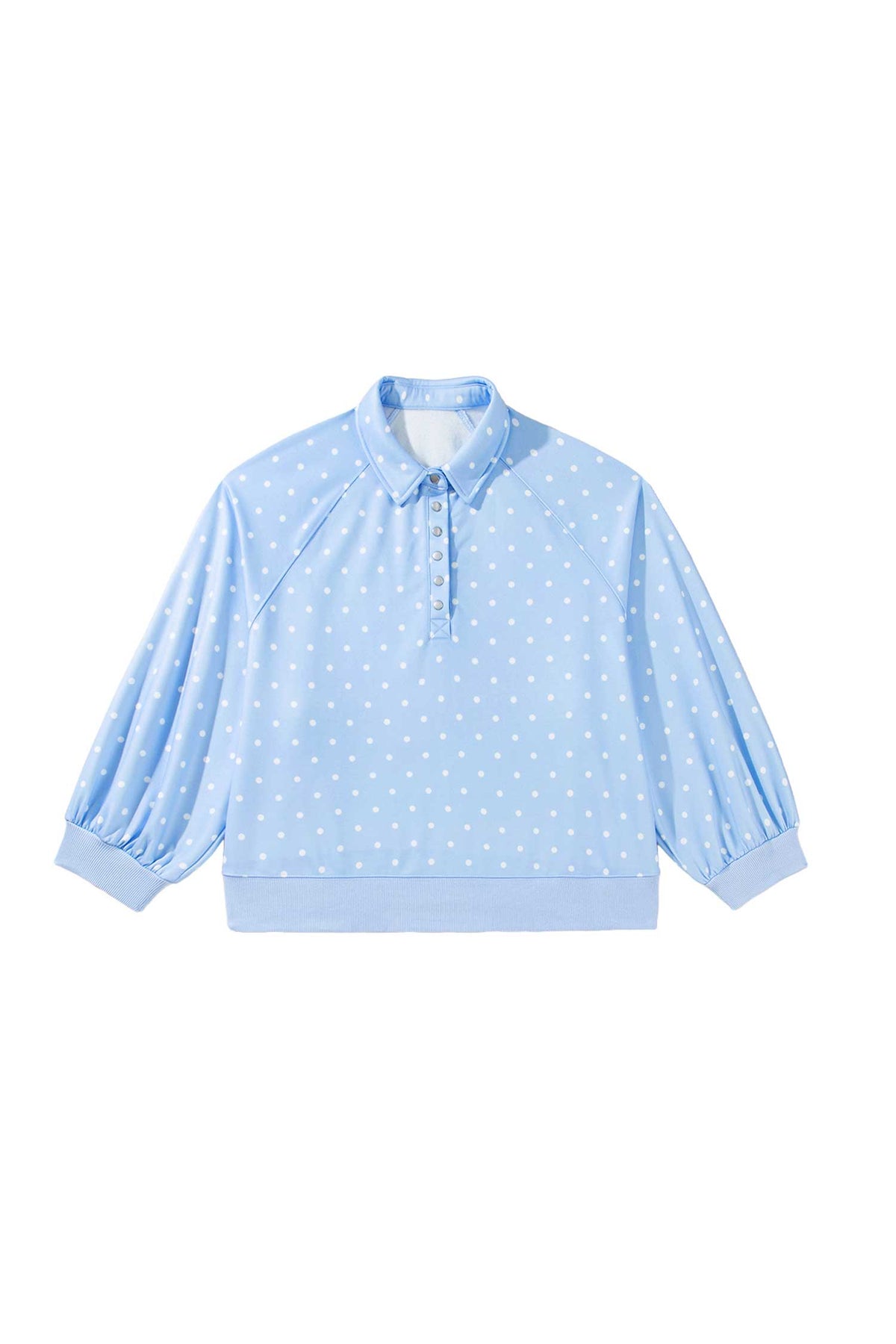 Sky blue polka dot plus size sweatshirt with V-neck, metal buttons, long sleeves, casual shift style by Dear-Lover.
