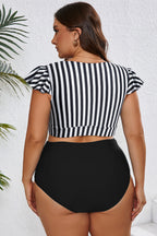 Plus size black stripe swimsuit with knot cutout, ruffle sleeves, and high waist, featuring stylish plus size swimwear design by Dear-Lover.