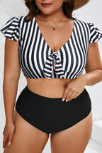 Plus size Dear-Lover black stripe 2-piece swimsuit with knot cutout, ruffle sleeves, and high waist for a stylish swimwear look.